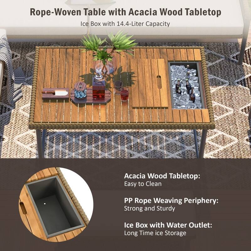 6-Piece L-Shaped Outdoor Sectional Sofa Set with Acacia Wood Table and Ice Box for Comfortable Patios