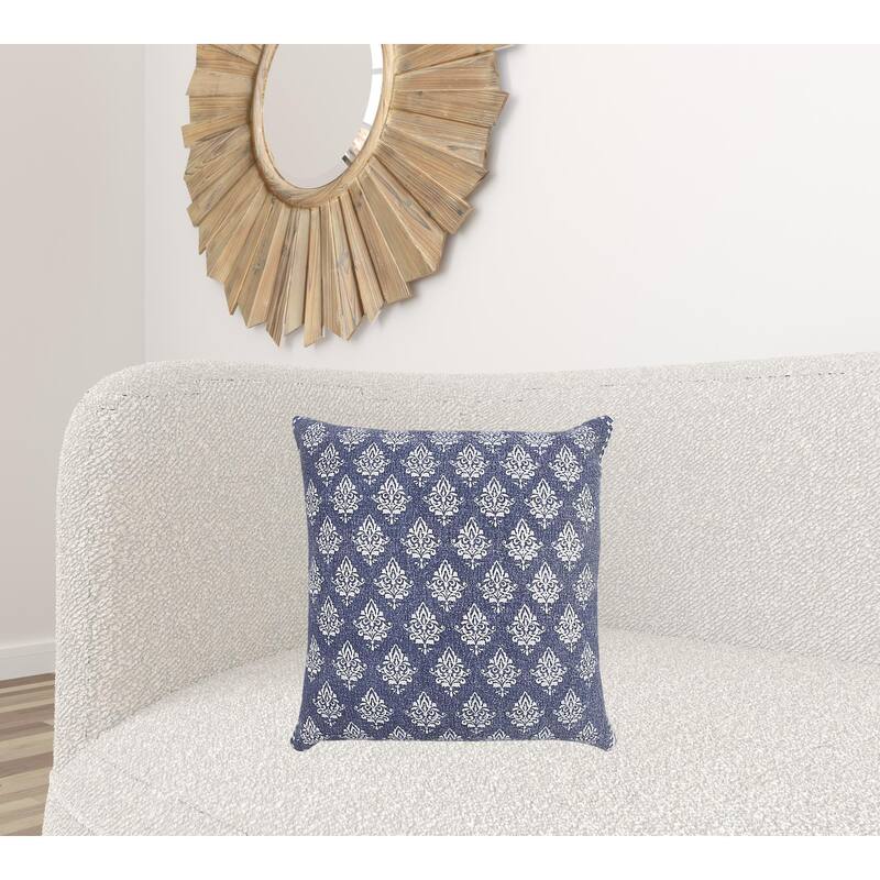 HomeRoots 20" X 20" Vintage Indigo Blue And White 100% Cotton Geometric Zippered Pillow