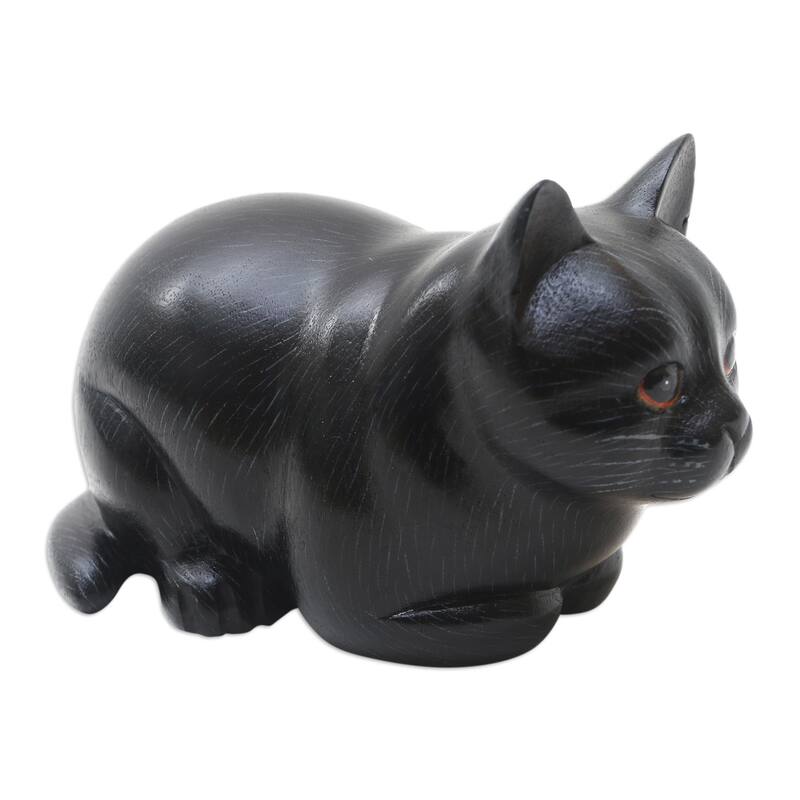 Novica Handmade Fat Cat In Black Wood Statuette