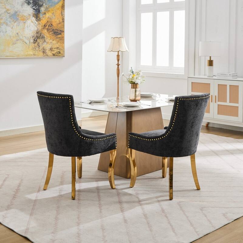 Luxe Curved Accent Dining Chairs with Gold-Plated Legs & Textured Chenille Upholstery, Set of 2