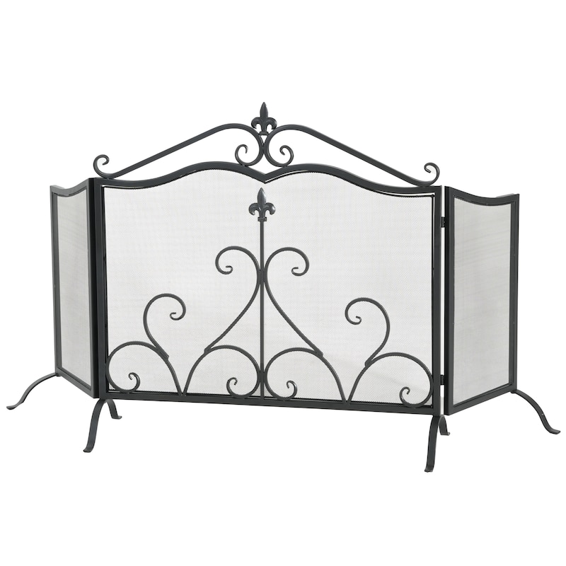 Roomfitters Onyx 3-Panel Iron Fireplace Screen with Fleur-de-Lis Scrollwork, Black Finish
