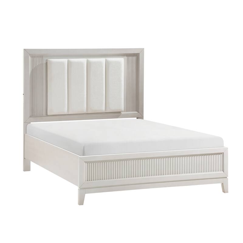 Queen Bed with LED Headboard and Upholstered Cushion, Reeded Fronts, Modern Bedroom Furniture - Antique White Finish
