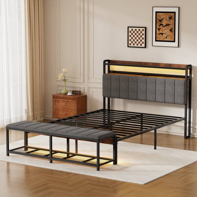 Javlergo Bed Frame with Bench, Bedframes with Charging Staions, Headboard and Storage Bench, LED Lights and Storage Shelves