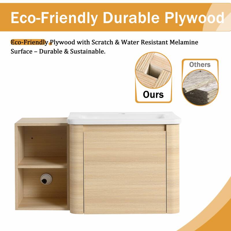 Malwee 24"/36"/48"/60" Floating Bathroom Vanity, Wall Mounted Bathroom Vanity with Ceramic Sink,Soft Close Door and Shelf