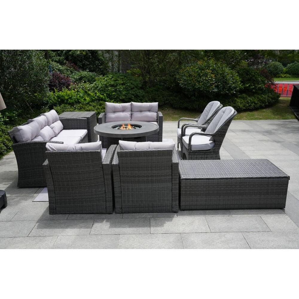 9-Piece Patio Furniture Set with Outside Fire Pit Table,Grey