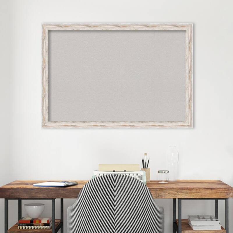 Alexandria White Wash Narrow Wood Framed Grey Corkboard Bulletin Board, Organization Board, Pin Board