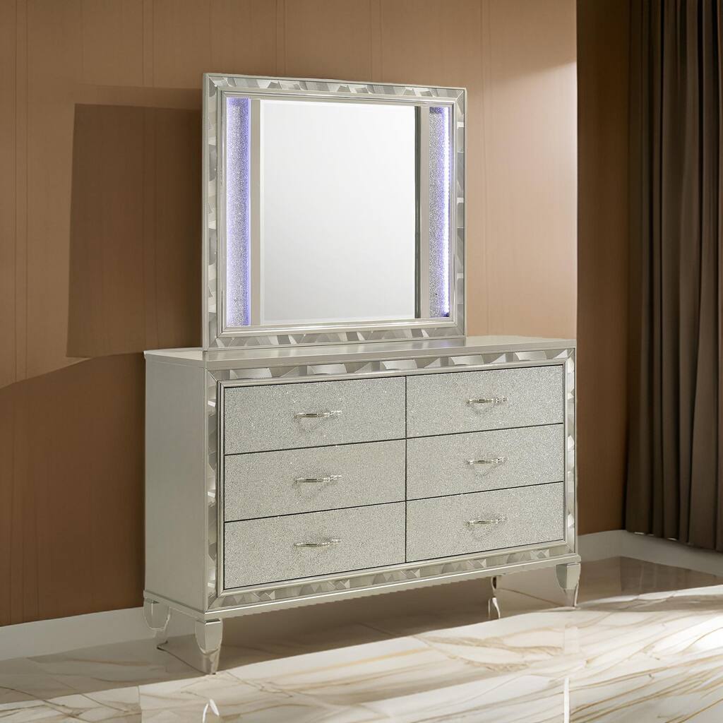 Bet 41 x 48 Dresser Mirror, Silver Solid Wood Frame with Rhinestone Inlay