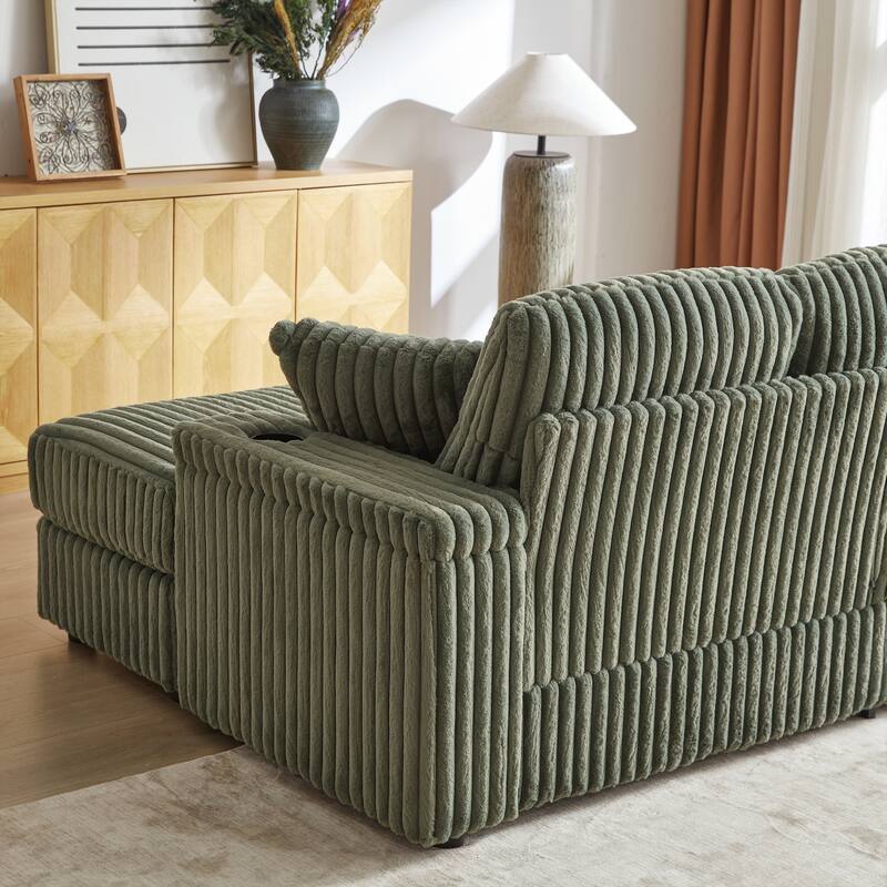 Deep Seat Sectional Loveseat Set with 2 Ottoman and 2 Pillows, Corduroy Chaise Lounge Bed with 2 Storage Spaces and Cupholding