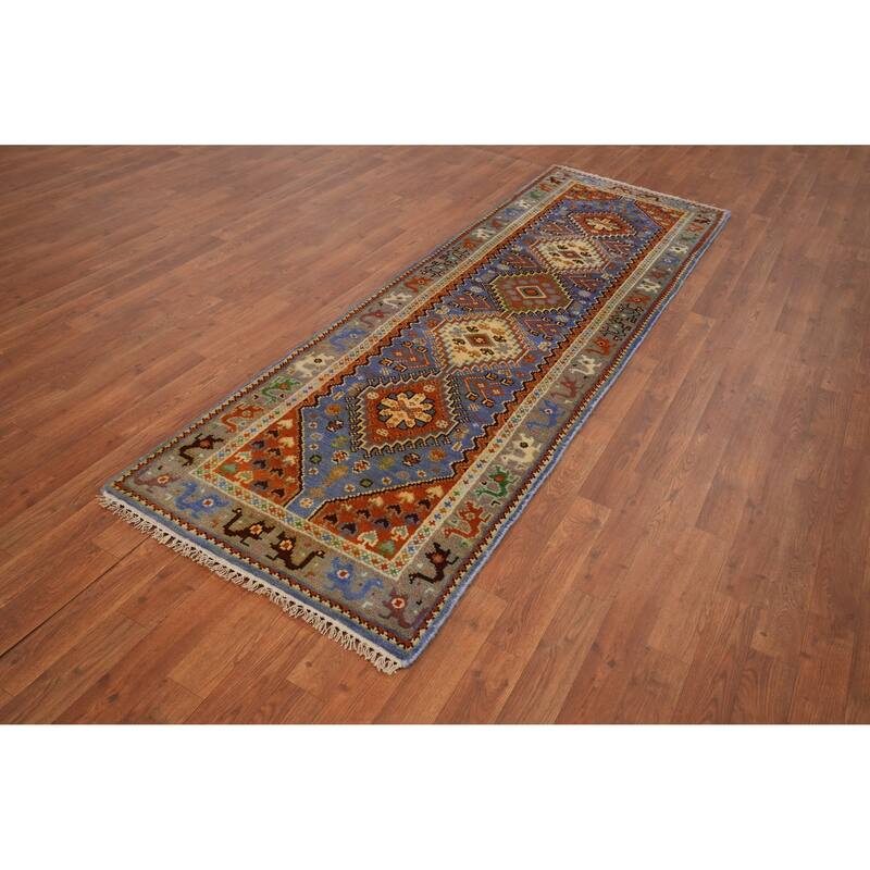 Hand-knotted Traditional Wool Blue Geometric Area Rug Oriental Carpet - 8' 1'' X 2' 7''