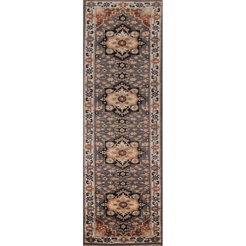 Gray Geometric Kazak Indian Runner Rug Handmade Wool Carpet - 2'7"x 10'3"