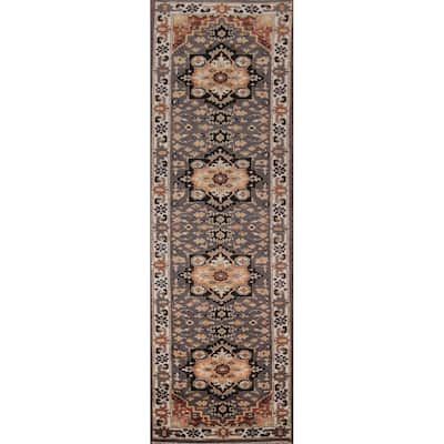 Gray Geometric Kazak Indian Runner Rug Handmade Wool Carpet - 2'7"x 10'3"