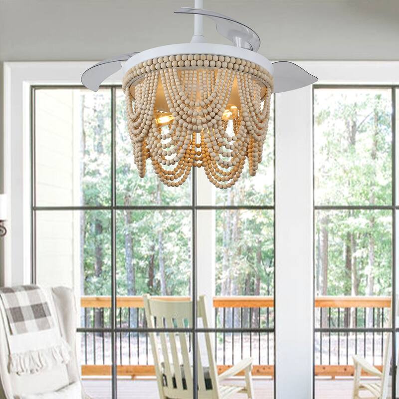 Cusp Barn 42" Retractable Ceiling Fan with Light,Farmhouse Bohemian Chic Fan Light,Wooden Bead Chandelier,Quiet DC Motor,6 Speed