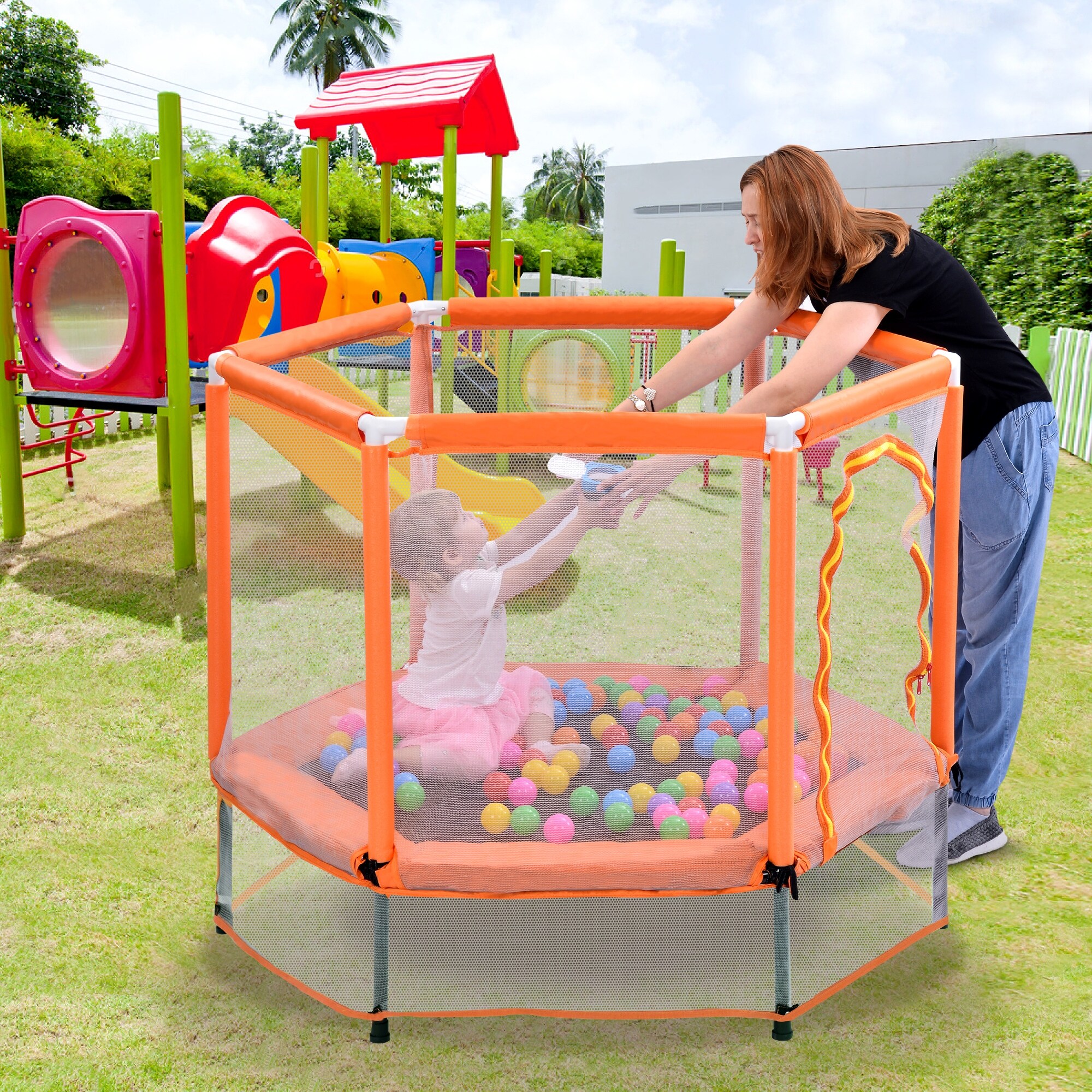 55 Toddlers Trampoline with Safety Enclosure Net and Balls Indoor Outdoor Mini Trampoline for Kids Bed Bath Beyond 42171086