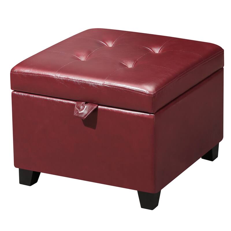Adeco Faux Leather Tufted Flip Top Storage Ottoman - Red-Faux-Leather
