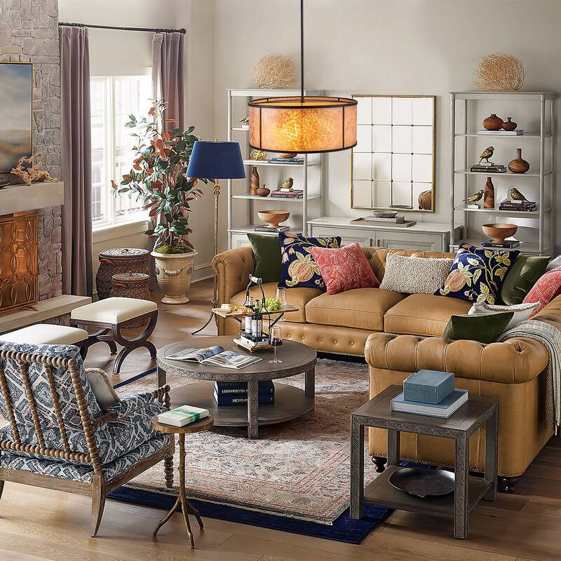 20" W and 8" W Rustic Matte Black Finish Tawny Mica Drum Pendant Light for Living Room & Bedroom