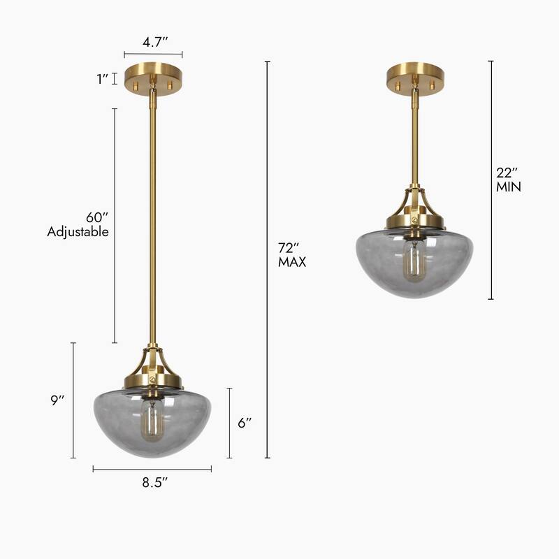 Modern 1-Light Gold Kitchen Island Pendant Light Grey Glass Hanging Light for Dining Room - 8.5"Dia x 22"H