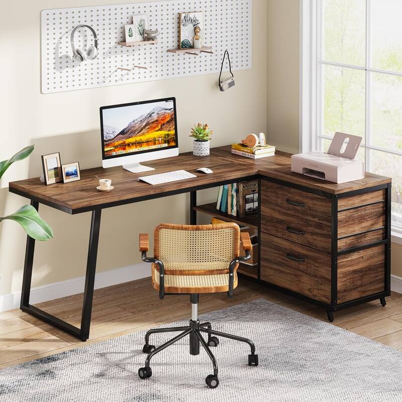 53" Reversible L-Shaped Computer Desk with 3 Drawers and Storage Shelves, Industrial Corner Home Office Desk with File Cabinet - Brown+Black