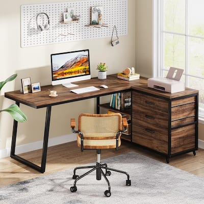 53" Reversible L-Shaped Computer Desk with 3 Drawers and Storage Shelves, Industrial Corner Home Office Desk with File Cabinet