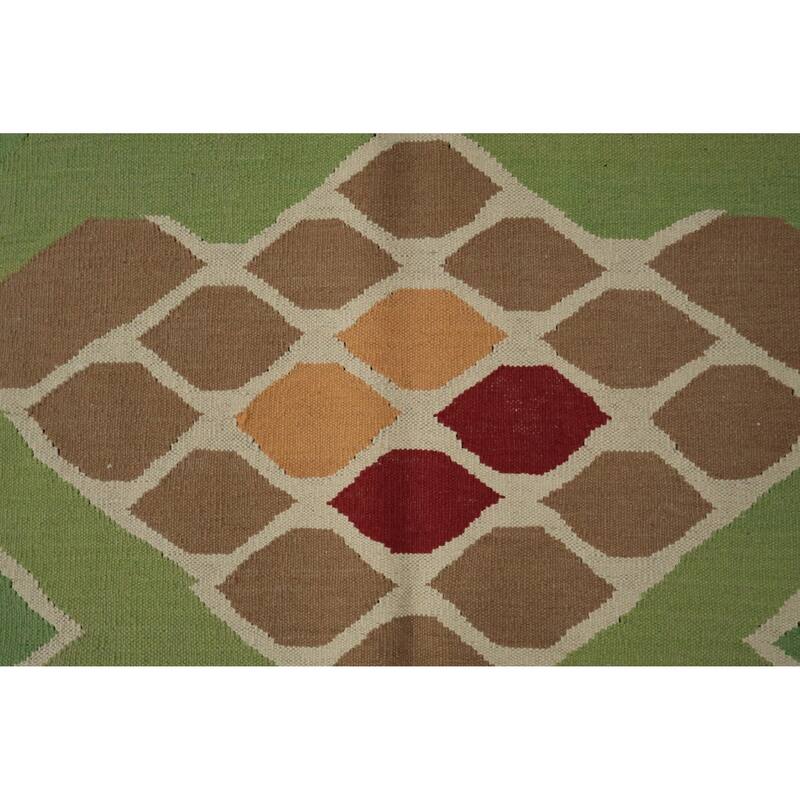 Hand Woven Oriental 100% Wool Carpet Southwestern Tribal Green Kilim Area Rug - 13' 4'' X 8' 5''