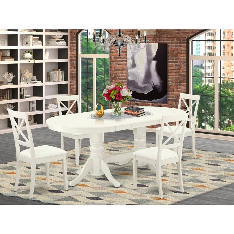 5 Piece Kitchen Dining Set with Butterfly Leaf Table & 4 Chairs - Linen White Wood Dinette Set - 76.3