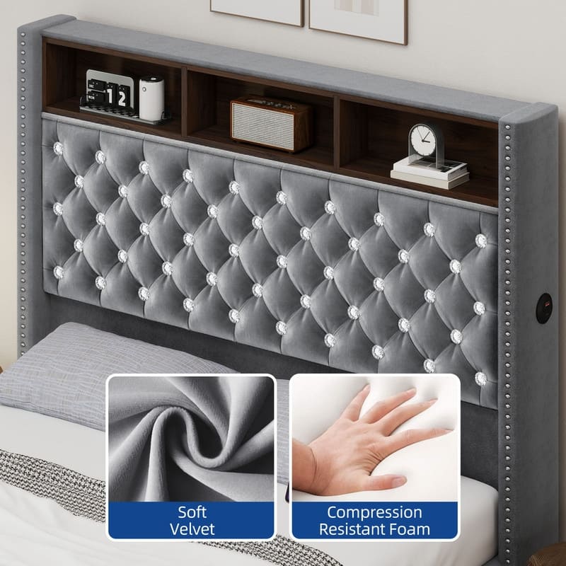 Moasis King/Queen Size Velvet Upholstered Bed Frame with Storage Headboard with USB Charging Stations
