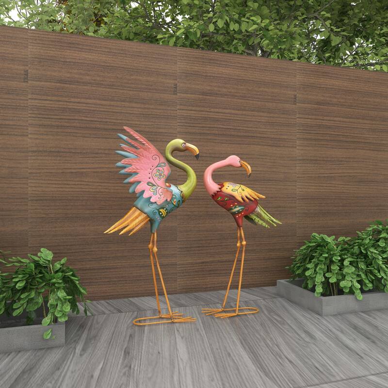 Multi Colored Metal Indoor Outdoor Embossed Standing Flamingo Decorative Garden Sculpture with Coiled U Shaped Feet (Set of 2)