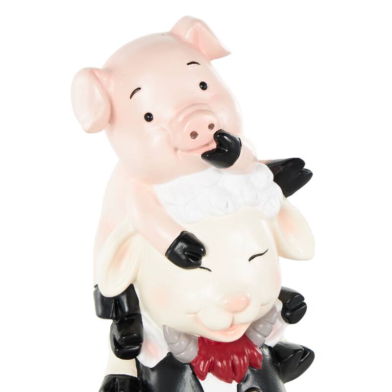 Multi Colored Polystone Stacked Farm Animals Decorative Sculpture with Gray and Green Accents