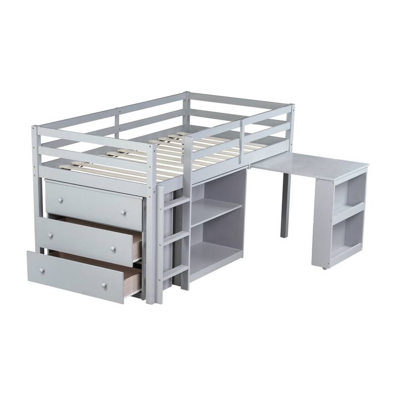 Twin Rubber Wood Loft Bed with Drawer Cabinet, Shelf,Pulling -Out Desk