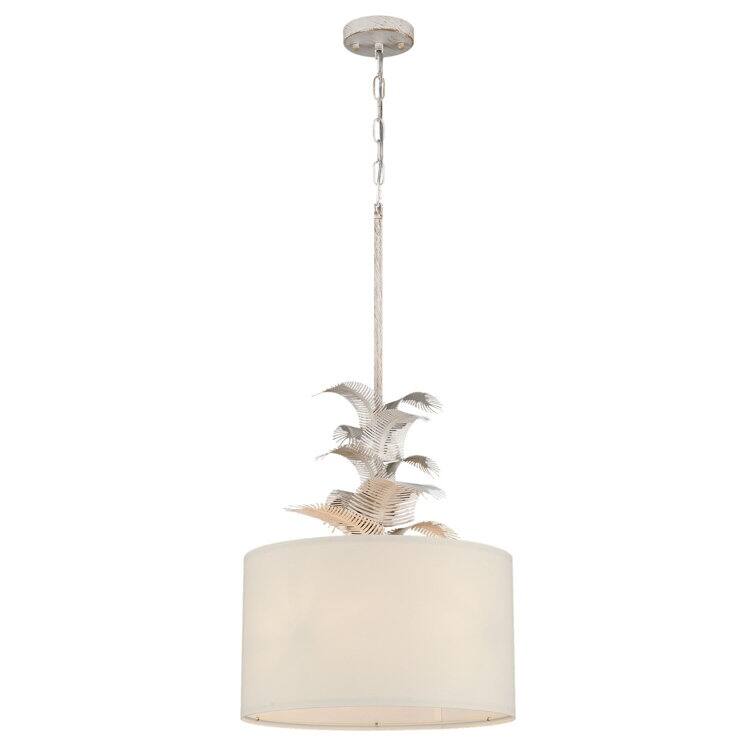 Acroma 4 - Light Whitewashed Drum Chandelier with Palm Leaf Detailing and Fabric Shade