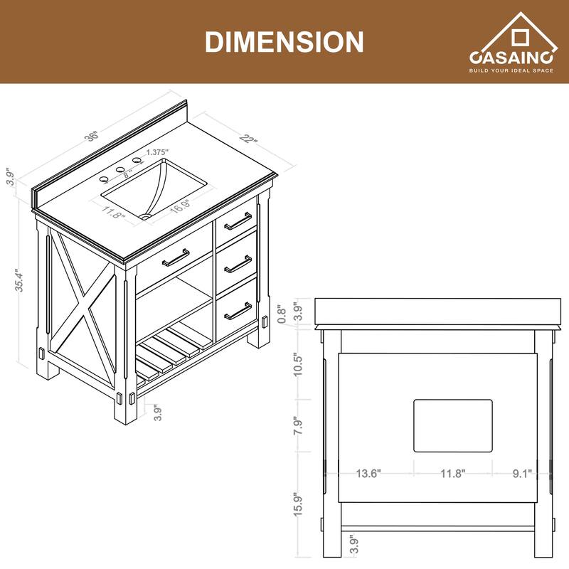 CASAINC 36"48"60" Freestanding Bathroom Vanity in Traditional Brown with Sink and Carrara Marble Top