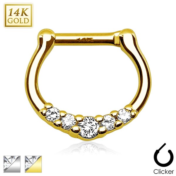 Five CZ Paved 14Kt Gold Septum Clicker (Sold Individually)