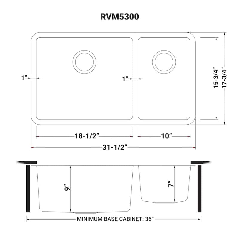 Ruvati 32-inch Undermount Kitchen Sink 70/30 Double Bowl 16 Gauge Stainless Steel - RVM5300 - 8' x 11'
