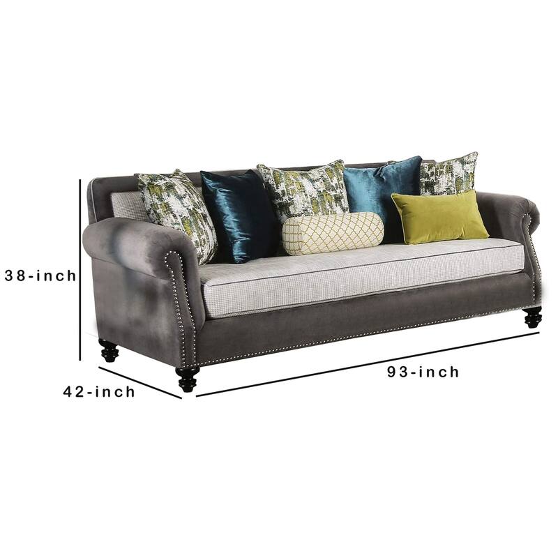 Sofa with Rolled Arms and 7 Accent Pillows, Gray