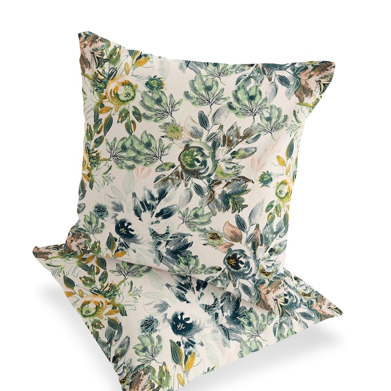 HomeRoots Set of Two 16" X 16" Green and White Blown Seam Floral Indoor Outdoor Throw Pillow - 16.00' X '16.00' X '5.00 - Green/White - 16.00' X '16.00' X '5.00