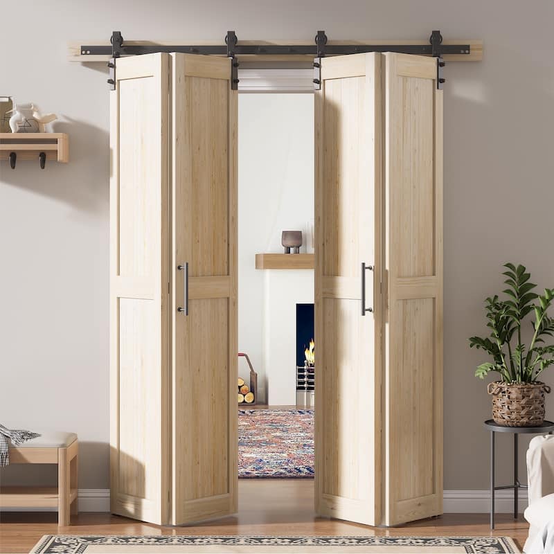 Assembled 30in./32in./36in./40in./44in./48in. x 84 in. Solid Core Pine Wood Bi-Fold Door With Hardware Kit