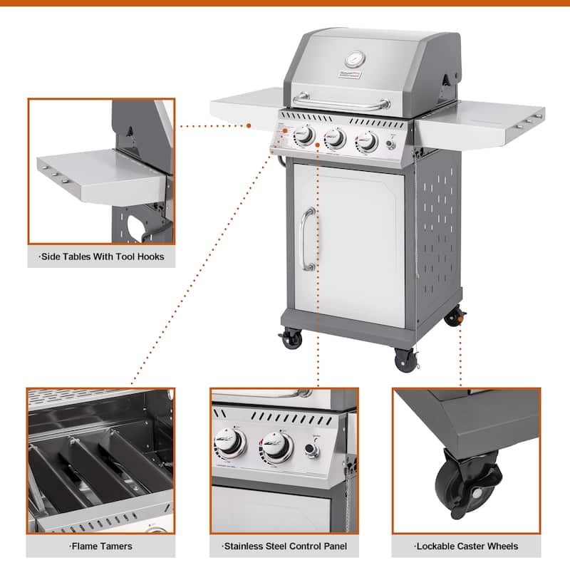 Royal Gourmet Stainless Steel 3-Burner Gas Grill with Side Tables, Silver
