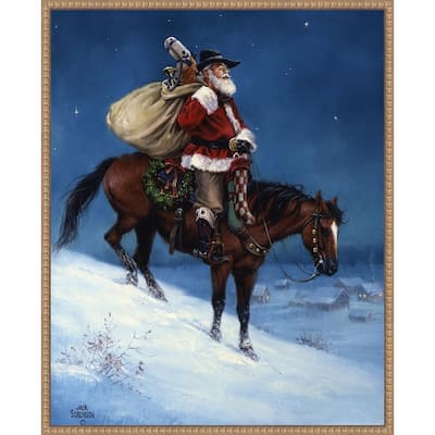 A Cowboy Christmas by Jack Sorenson (23 x 28 in.), Framed Canvas Wall Art Print - Sylvie Beaded Rustic Natural