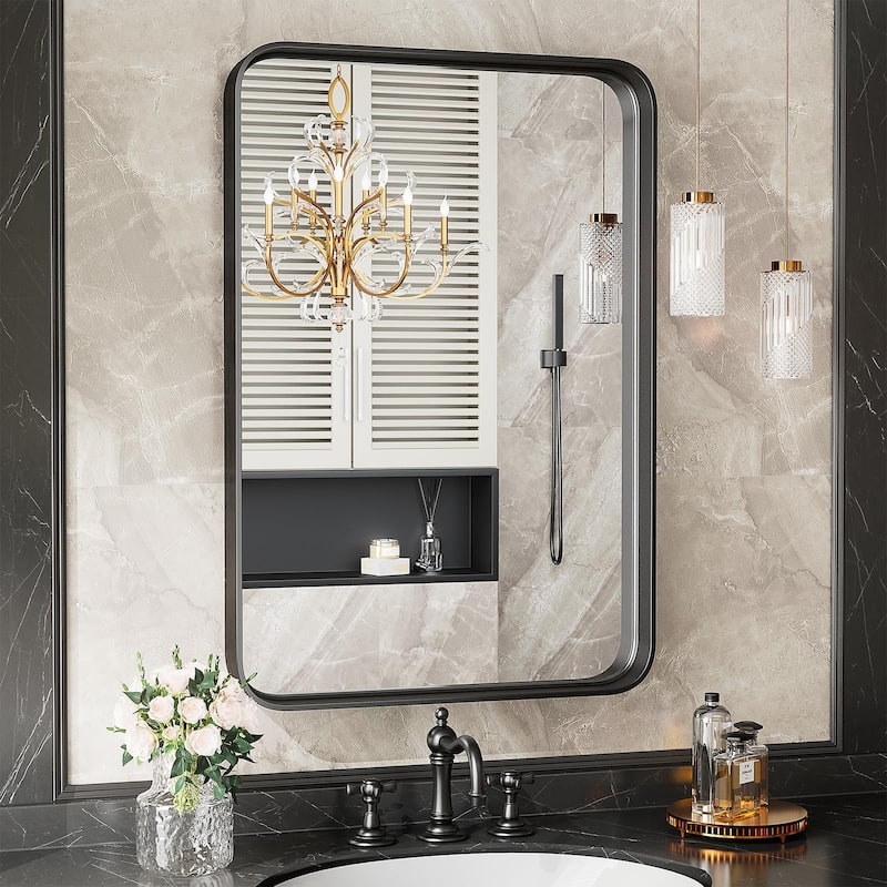 22 in. W x 30 in. H Rounded Rectangle Framed Wall Bathroom Vanity Mirror in Matte Black - 30'x22''