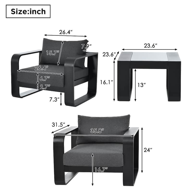 3-Pieces Aluminum Frame Patio Furniture With 6.7" Thick Cushion And Coffee Table，Olefin Fabric Outdoor Chair