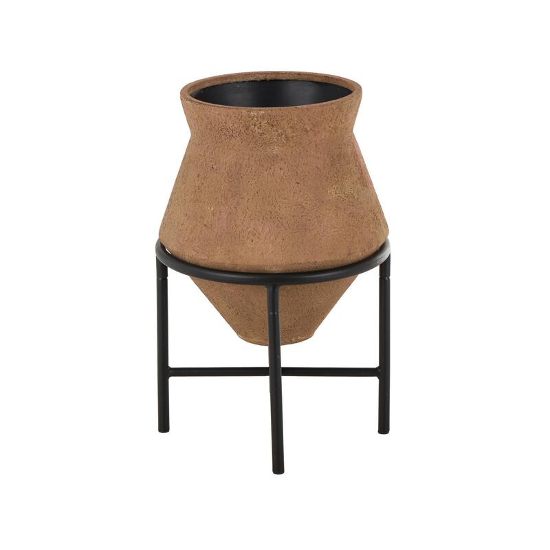 Metal Wide Vase with Black Metal Stands - Beige or Brown - Roche River Decor