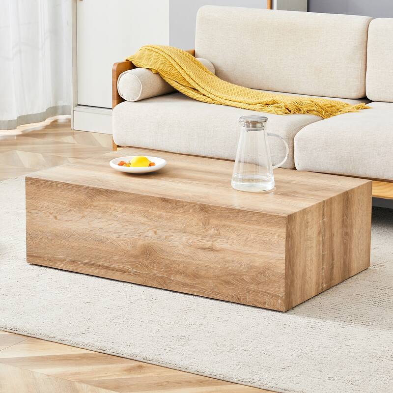Modern Rectangular Coffee Table with Solid Base, Wooden Center Table with Imitation Marble Texture for Living Room