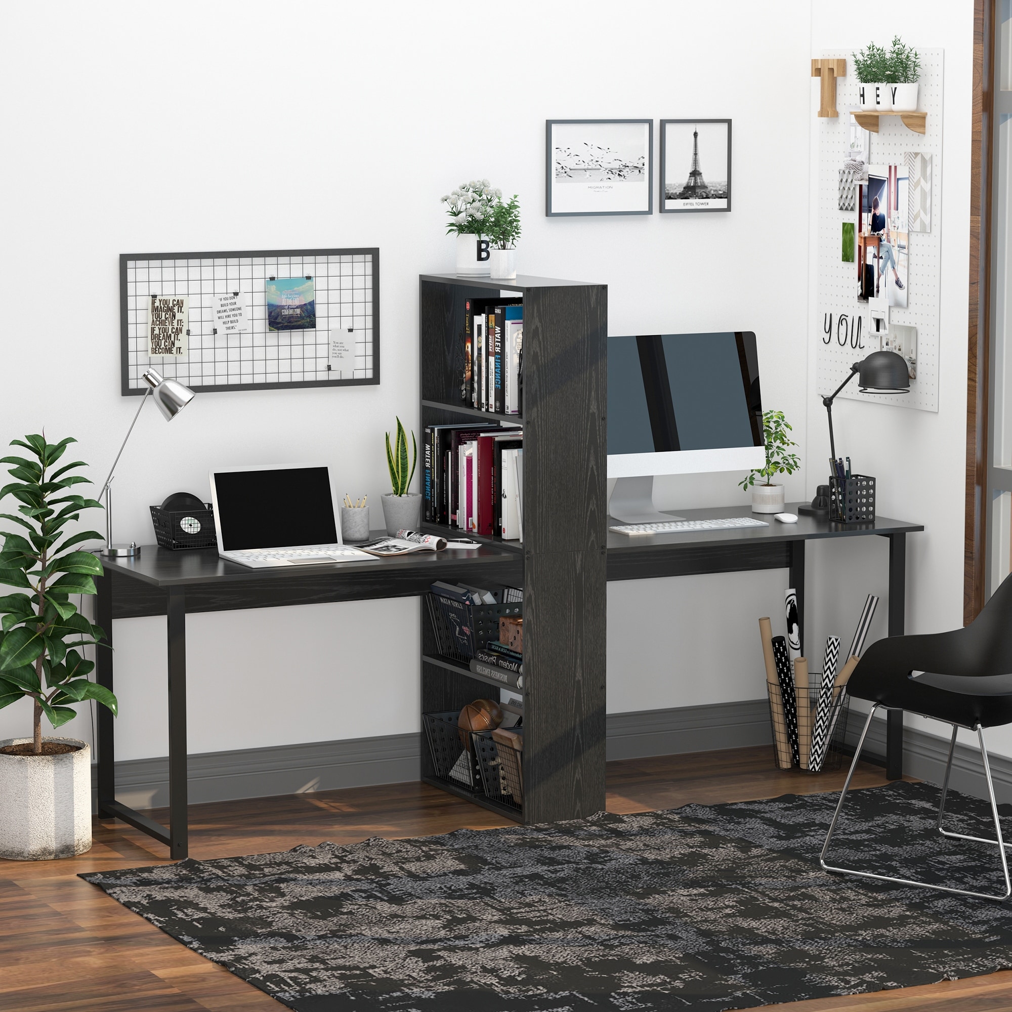 HOMCOM 88” Extra Long 2-Person Computer Desk with Bookshelf Combo Double Workstation Storage Unit Home Office - Black