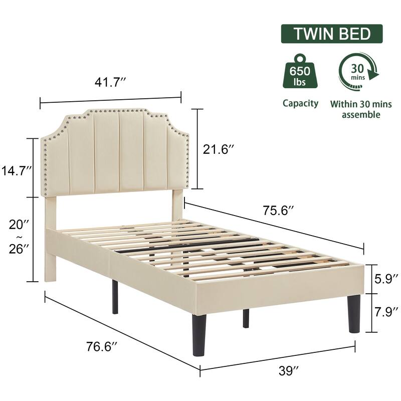 VECELO Upholstered Bed Frame with Nailhead Trim Adjustable Height Headboard, Twin/Full/Queen Size Bedframes
