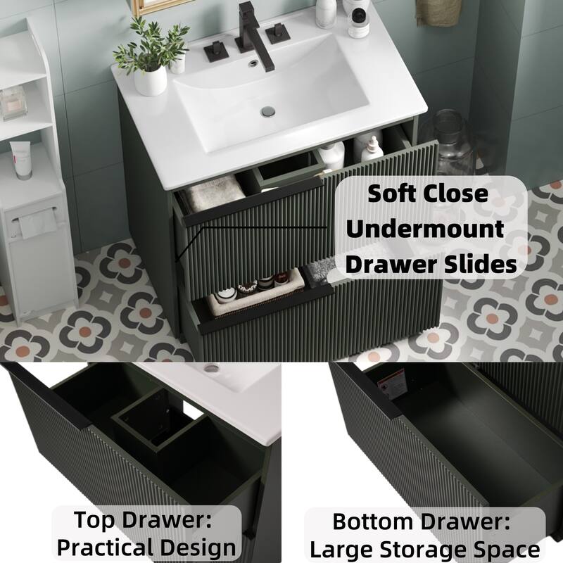 30" Bathroom Vanity with Ceramic Sink and Full-Extension Drawers, Soft Close Undermount Drawer Slides, Fluted Design, Natural