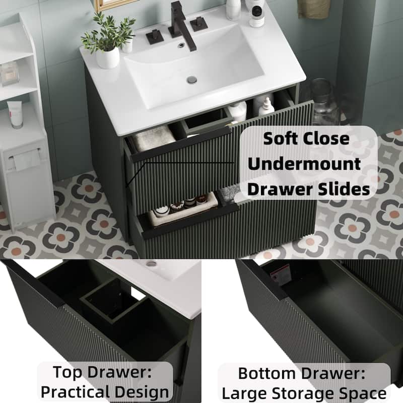 Bathroom Vanity with Ceramic Sink, Freestanding Wooden Bathroom Vanity, Bathroom Cabinet with Full-Extension Drawers