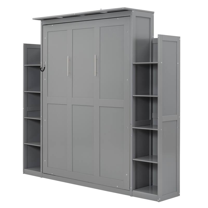 Space-Saving Full Size Wall Bed with Shelves and LED Lights, Gray