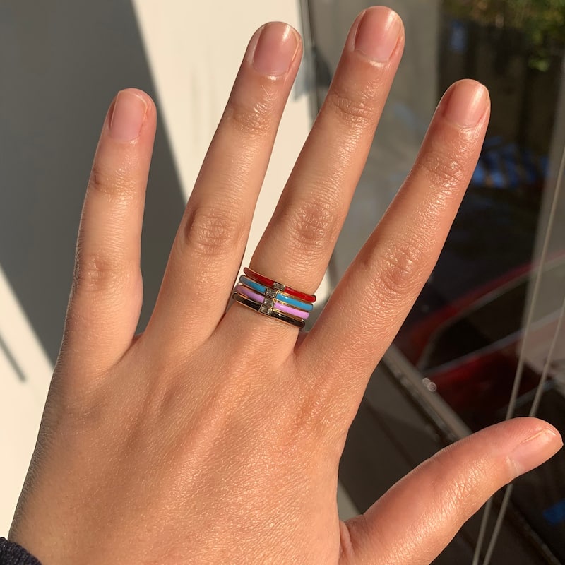 Joelle Collection Amethyst Enamel & Diamond Band Ring 14K Yellow Gold Ring Size 6.5