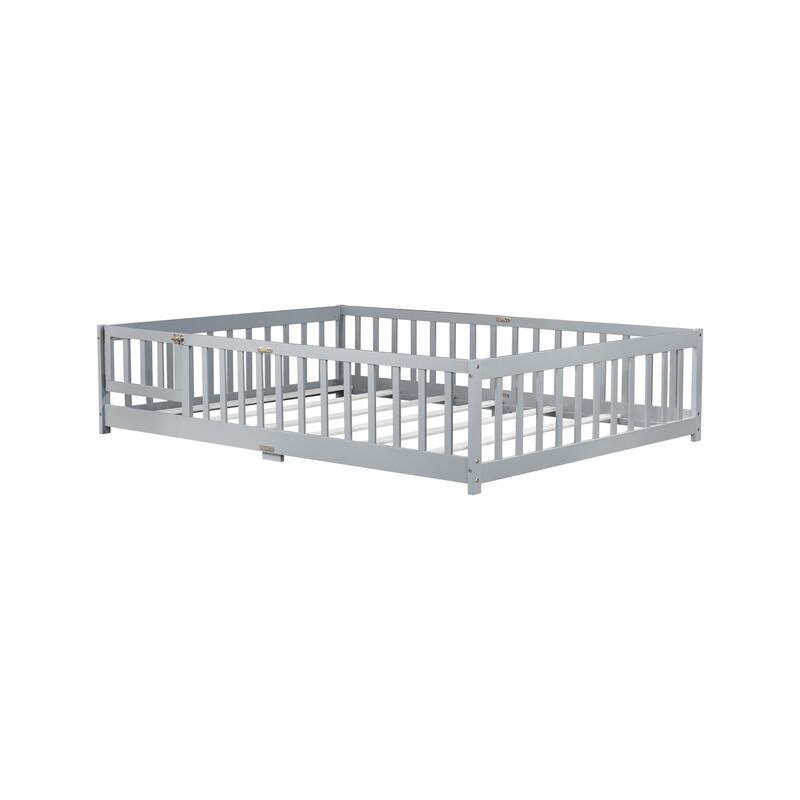 Full Size Grey Rubber Wood Floor Bed with Safety Guardrails and Door
