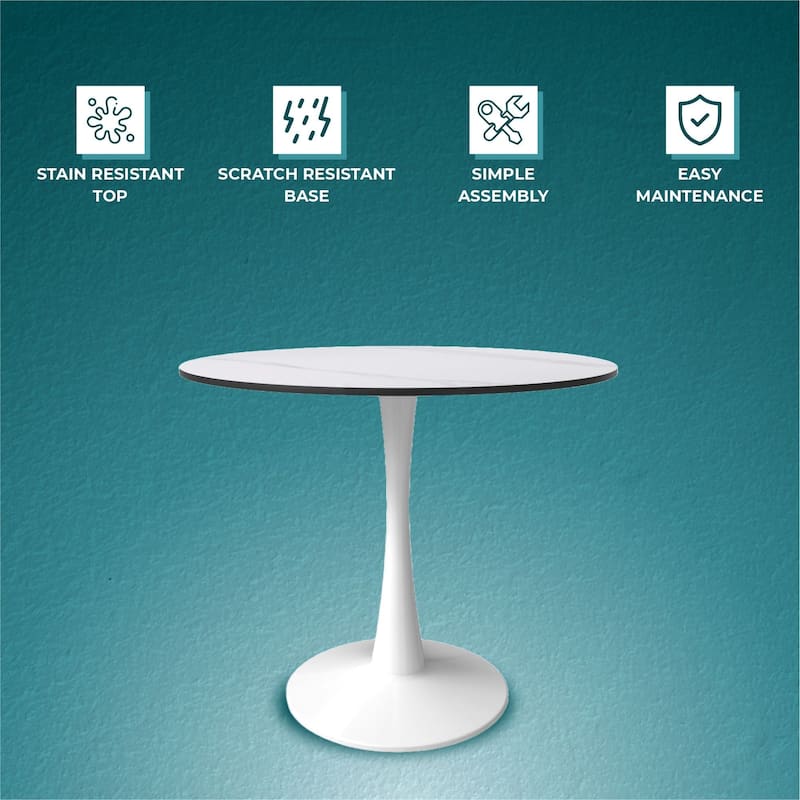 Bristol Round Dining Table for 4, 35" Sintered Stone Tabletop with White Stainless Steel Pedestal Base