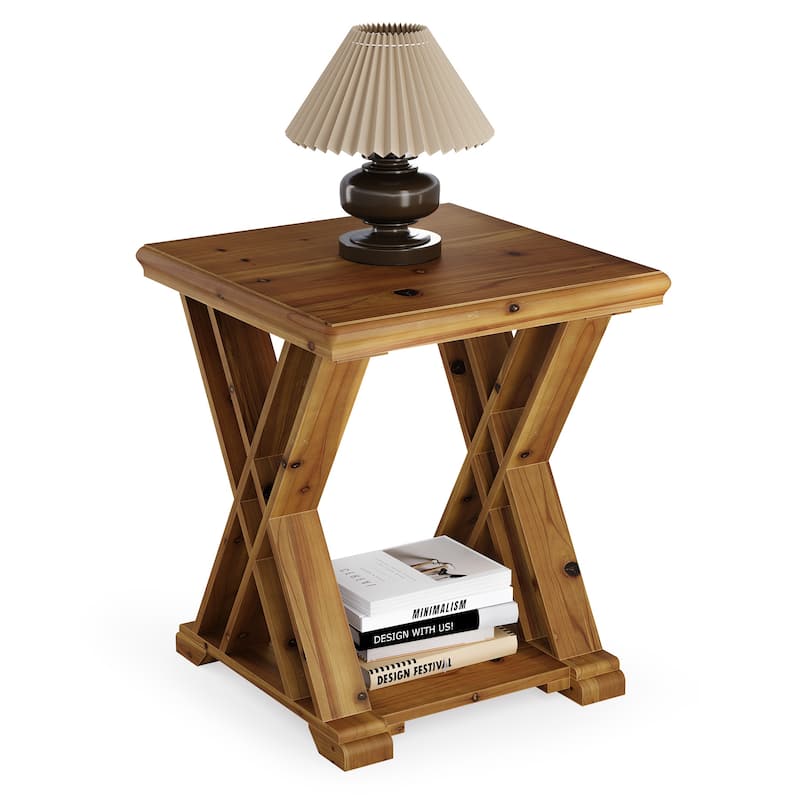 Solid Wood End Table, 2-Tier Side Table with Geometric X-Shape Design